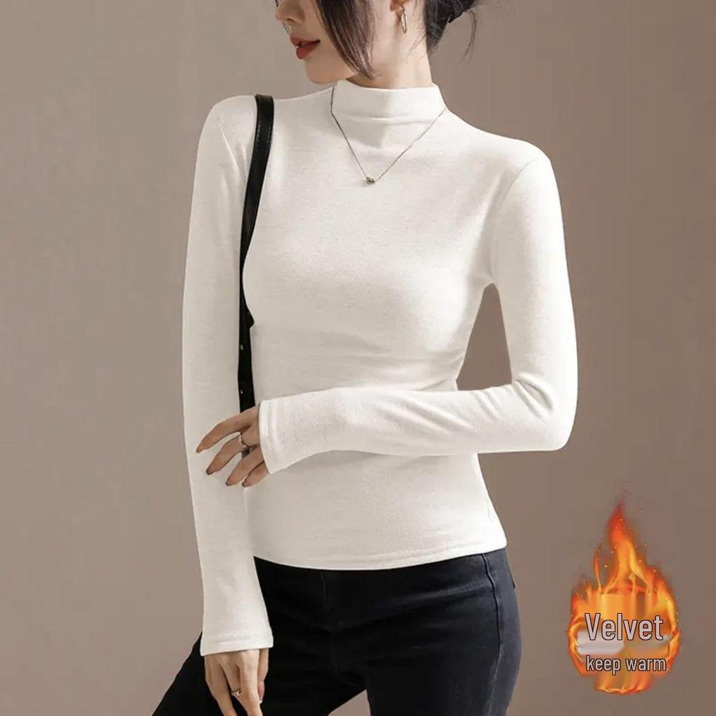 Damska bawełniana koszulka z wysokim kołnierzem i marszczeniami - Modny koreański styl, Długi rękaw, Ciepła na jesień/zimę