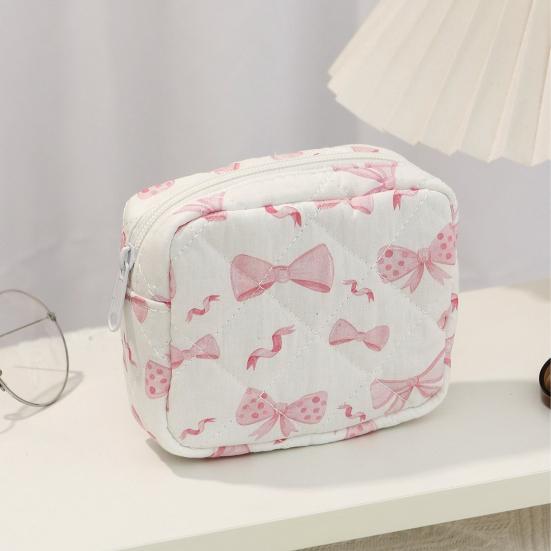 Cute Small Makeup Pouch Bow/Floral Quilted Cosmetic Organizer for Travel Daily Puffy Cotton Toiletry Pencil Purse with Zipper for Women Girls