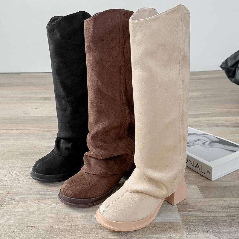 X702-F9 Autumn and Winter New 2025 Retro Suede Stacking Boots Coarse Heel High Heel Maillard Show Boots Women