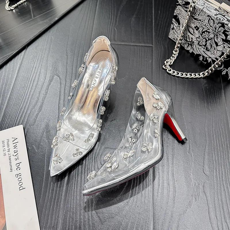 Silver Transparent Rhinestone High Heels Women 2025 Summer Banquet Red Bottom Fine Heel Crystal Wedding Shoes Tacones Mujer