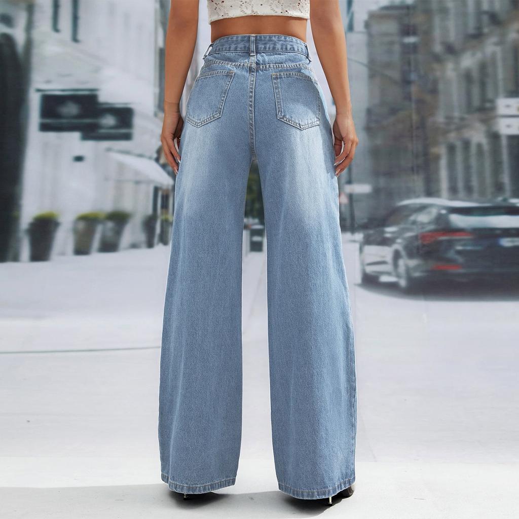 Jeans casual feminino de cor sólida com bolsos