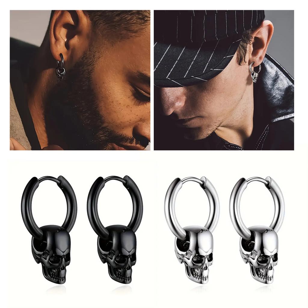 2pcs 316L Stainless Steel Trendy Vintage Skull Earrings For Men, Punk Gothic Hoop Earrings Hyposensitization Piercing Jewelry