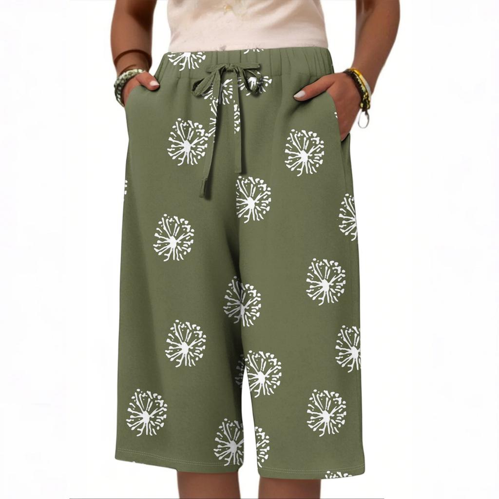 Pantaloni scurți largi de vară pentru femei, cu talie elastică și șnur, din bumbac și in floral