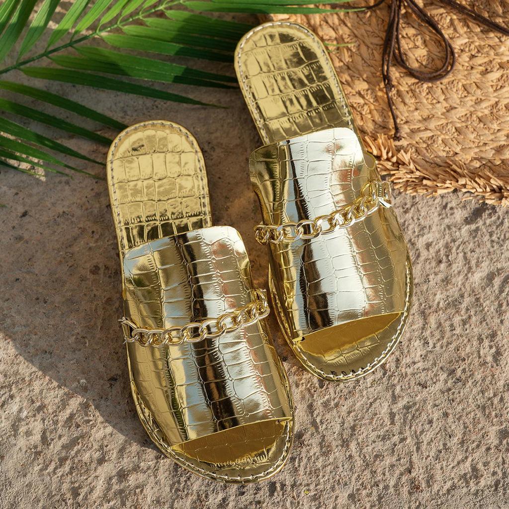 2025 Plus Size Women’s Crocodile Pattern Chain Outdoor Flat Slippers for Summer