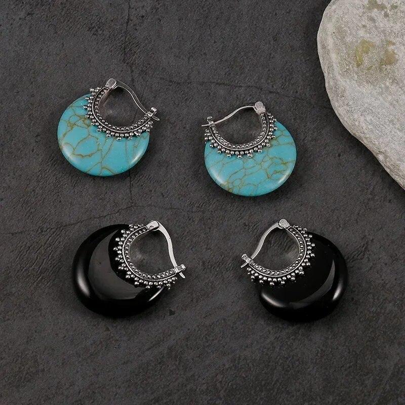 New Boho Triangle Geometric Earrings Vintage Silver Color Natural Stone Drop Dangle Earrings Accessories Jewelry