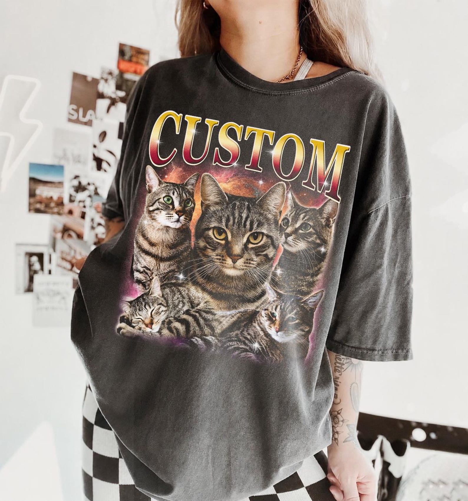 Custom Tabby Cat Portrait Tee, Vintage Bootleg Style Cat Lover Shirt 3XL