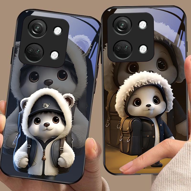 Cute Little Panda For OnePlus Nord 3 5 6T 7 Pro 8 12 10T Reno8 Lite 5G 10R Nord N30 Hard Shell Tempered Glass Phone Case Black
