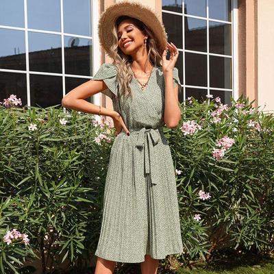 Summer Women V Neck Shoirt Sleeve Lace Up Long A Line Chic Print Green Pleated Dresses