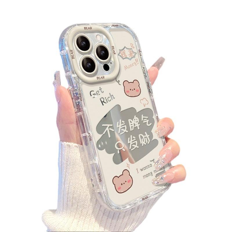Applicable To Apple 15 Mobile Phone Case Iphone17promax National Style Text 16 Mirror Transparent 14 Cute Bear Girl