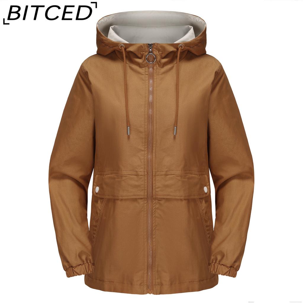 BITCED Hooded Solid-Colour Trench Coat for Women Long-Sleeved Spring/Autumn Lightweight Jacket Casual Style
