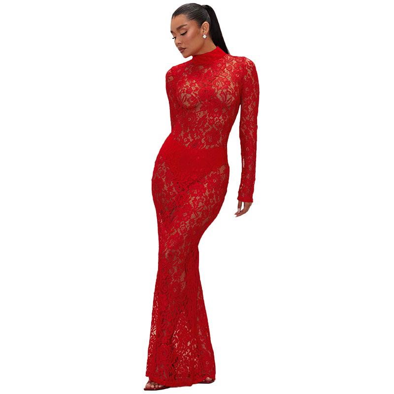 2025 Spring Mesh Lace High Neck Long Sleeve Women's Slim Fit Evening Gown