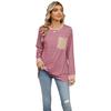 Spring Autumn Long Sleeve O Neck Striped Single Pocket Women Pullover T Shirt Blouse Top