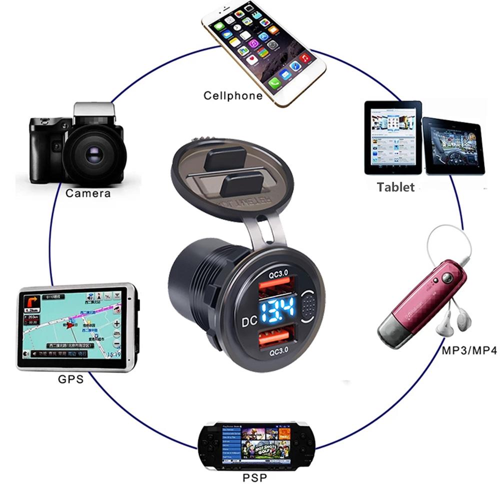 12-24 V 36 W Dual USB Autoladegerät QC 3.0 Schnellladeadapter mit Schalter LED-Spannungsanzeige Wasserdichtes Autoladegerät