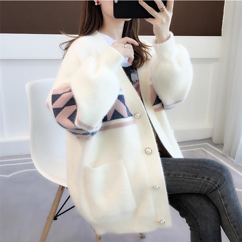 "2024 Hot-Selling Women's Mink Velvet Knitted Cardigan Sweater - Spring/Autumn Medium-Length"