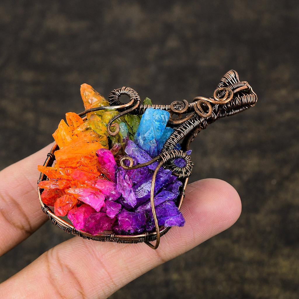 Colgante de regalo con envoltura de alambre de cobre y gema de turmalina multicolor natural 2,95" i3V65