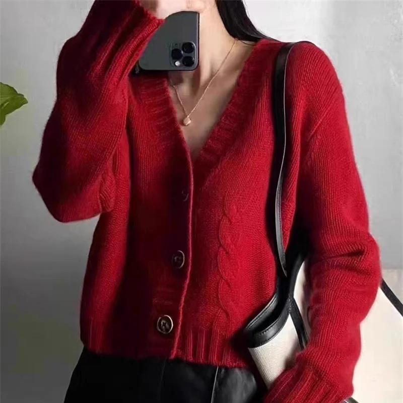 Harajuku Long Sleeve Women Cardigan Sweater Korean solid Streetwear thickening short Coats Casual loose Chic V-neck Y2k Sweater