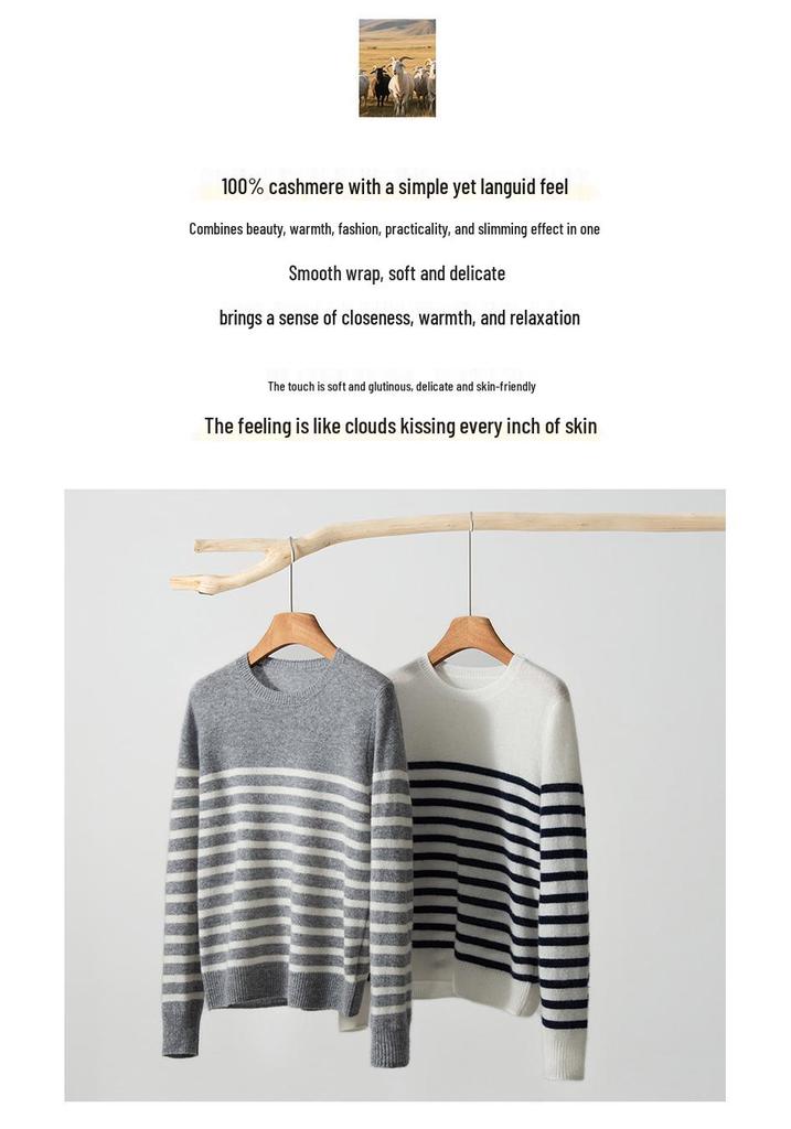 Round Neck Cashmere Knit Sweater for Women - Long Sleeve, Color Block Stripes, Versatile Autumn/Winter Base Layer Top