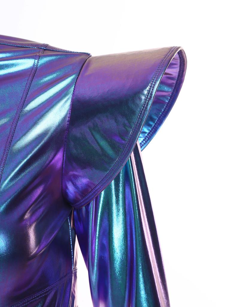 S-3XL Women Iridescent Metallic Crop Jacket Long Sleeve Structured Shoulder Boards Stand Collar Front Zipper for Club Raves Party