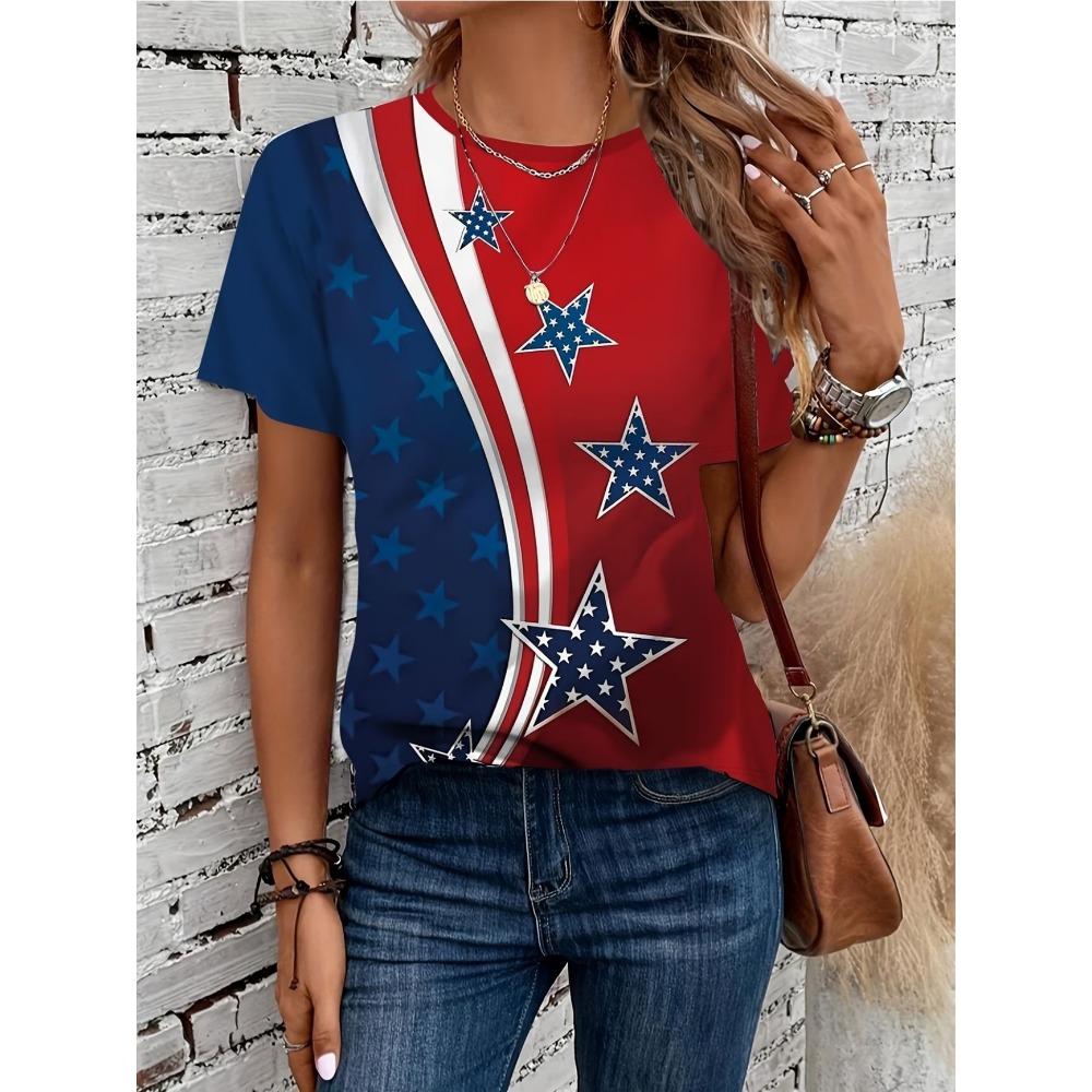 Women's American Flag & Bald Eagle Print T-Shirt Casual Short Sleeve Crew Neck Patriotic Graphic Tee for Summer
