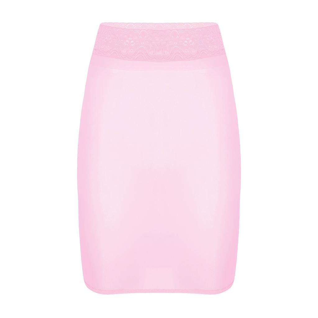 Womens High Waist Lace Patchwork Pencil Skirt Glossy Stretchy Fabric Semi Sheer Bodycon Skirt
