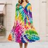 Women Plus Size V Neck Long Sleeve Rainbow Tie Dye Printed A Line Dress With Belt
