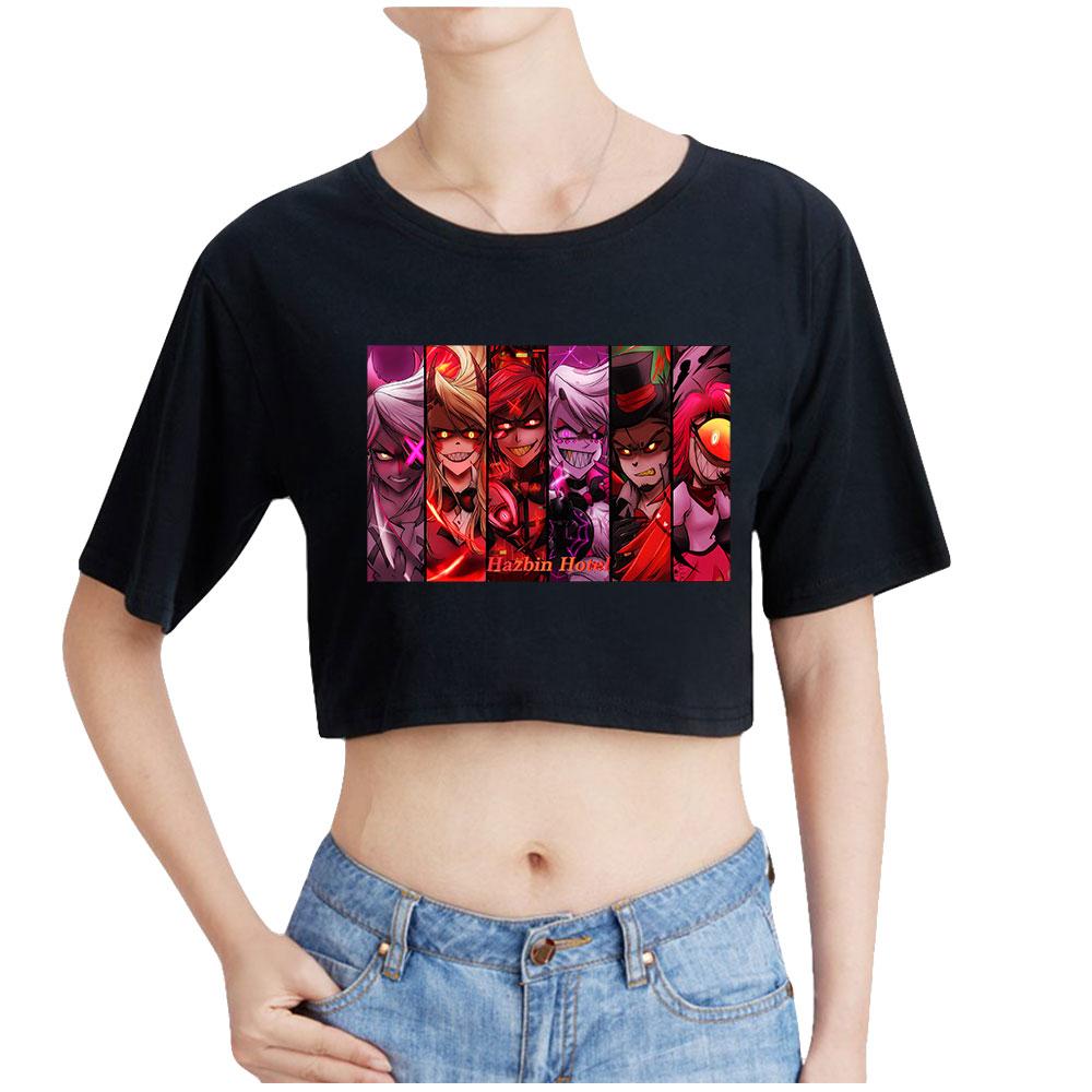 Módní Dámské Sexy Hazbin Hotel Grafický potisk Krátký rukáv Crop Top Legrační trička Hipster Cool Tops s výstřihem do O