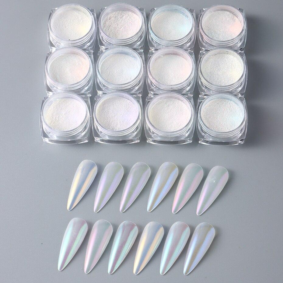 12ks Aurora Neon Shimmer Třpytivý Ledový Svalový Nehtový Pigmentový Púder Jemný Chromový Vpilovací Prach Zrcadlový Lak Dekorace