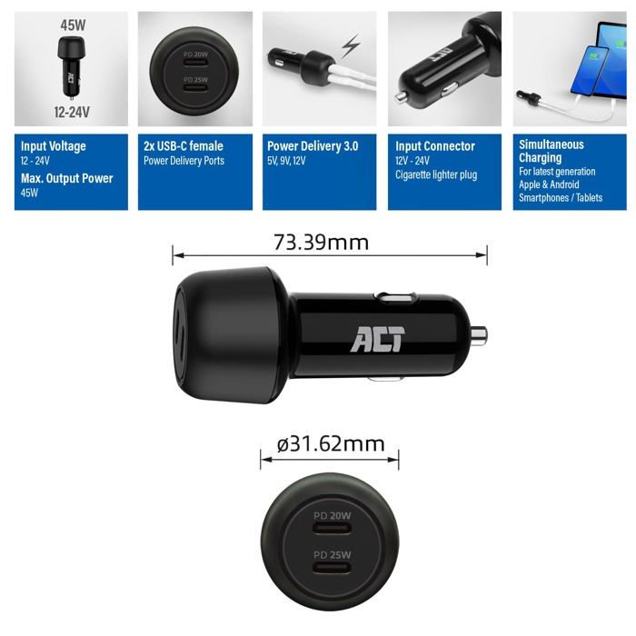 Chargeur de voiture usb-c - act - ac2200 - 45 w - charge rapide - 2 ports usb-c
