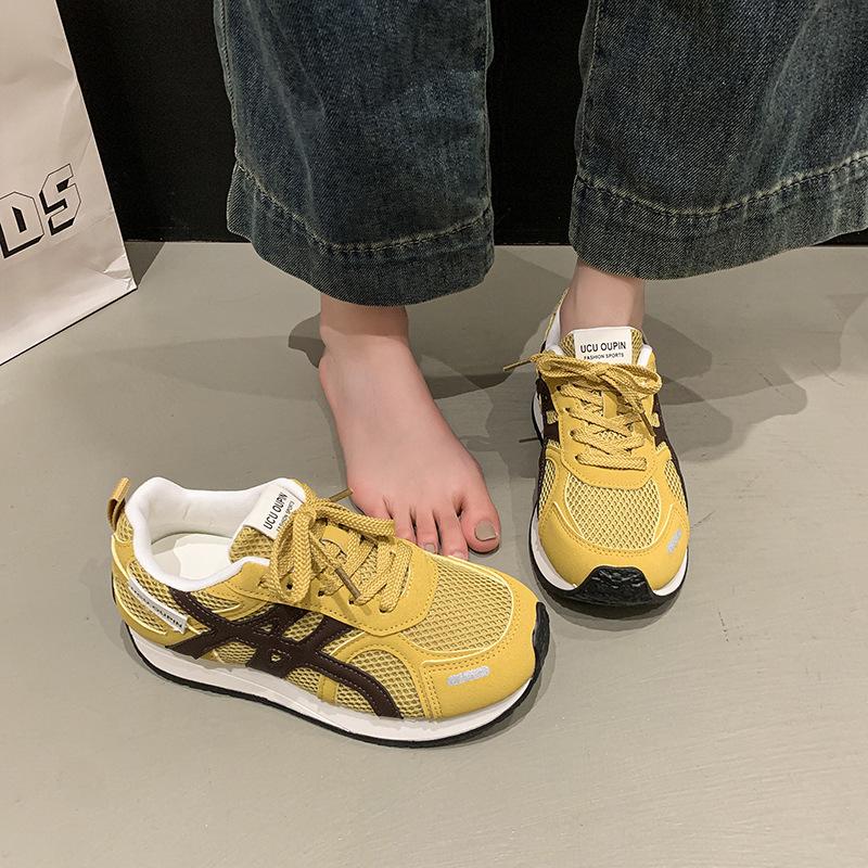 

Мягкая кожа сетка дышащие женские 2025 весна новые универсальные на толстой подошве увеличивающие рост повседневные спортивные туфли 40 жёлтый