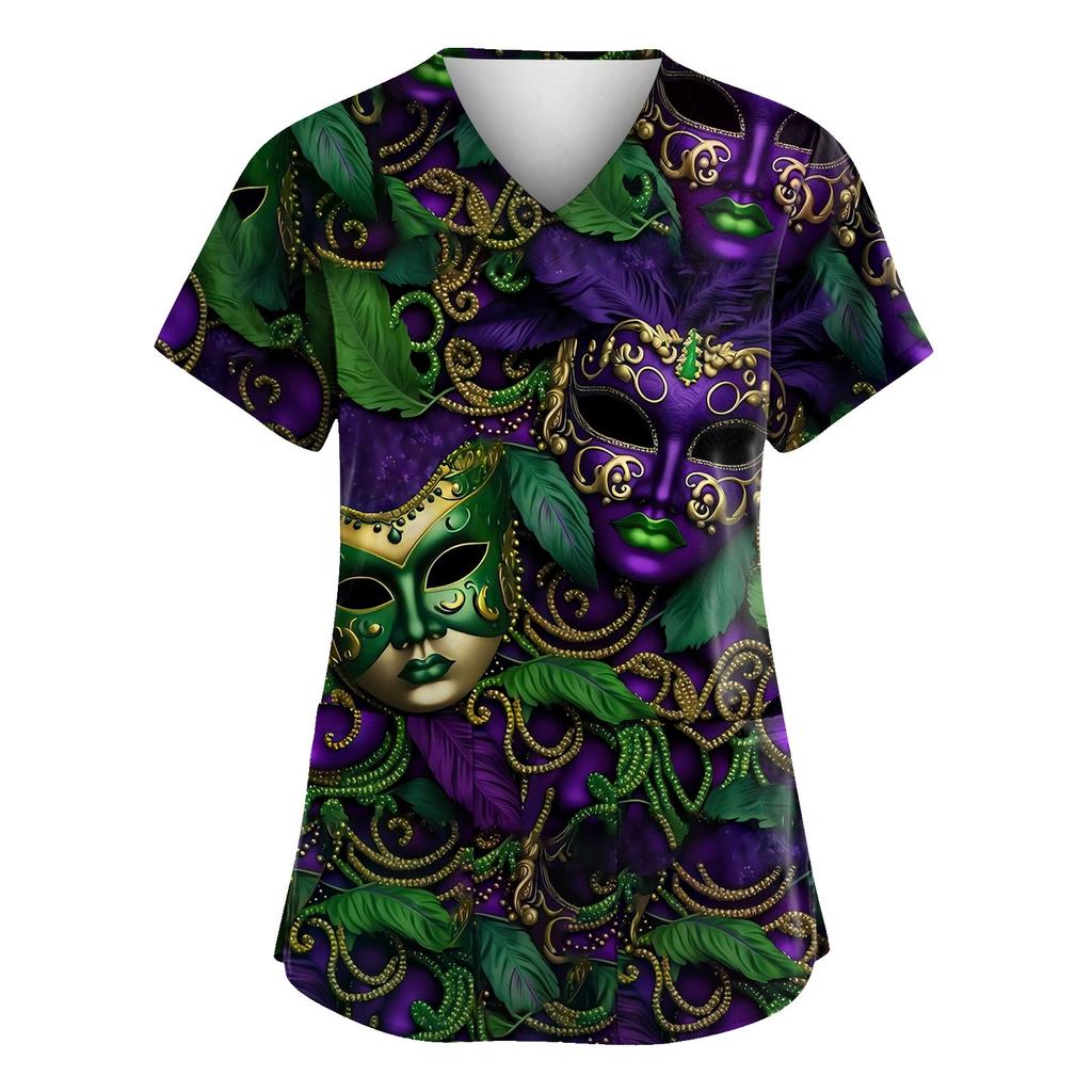 Damen Karneval Bedruckte Uniform Arbeitsuniform V-Ausschnitt Tasche Schützende Uniform