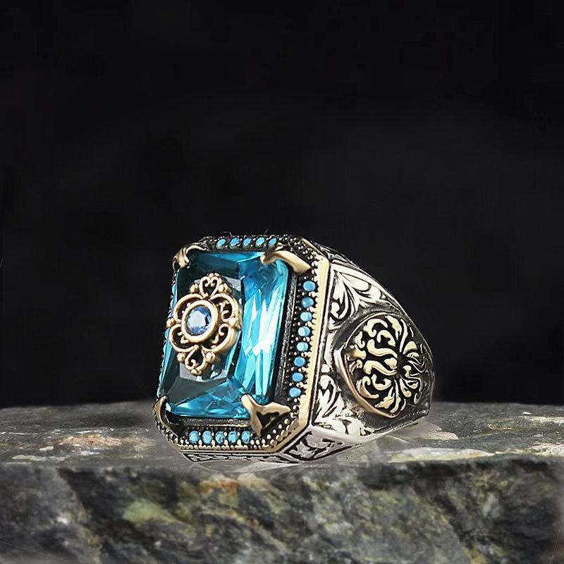 Totem pattern zircon rings Men's punk dark tide cool European and American style rings are popular vintage accessories