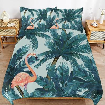Queen Size Pink Flamingo Duvet Cover Boys Girls Palm Leaves Bedding Set for Couples Bird Print Comforter Cover Set