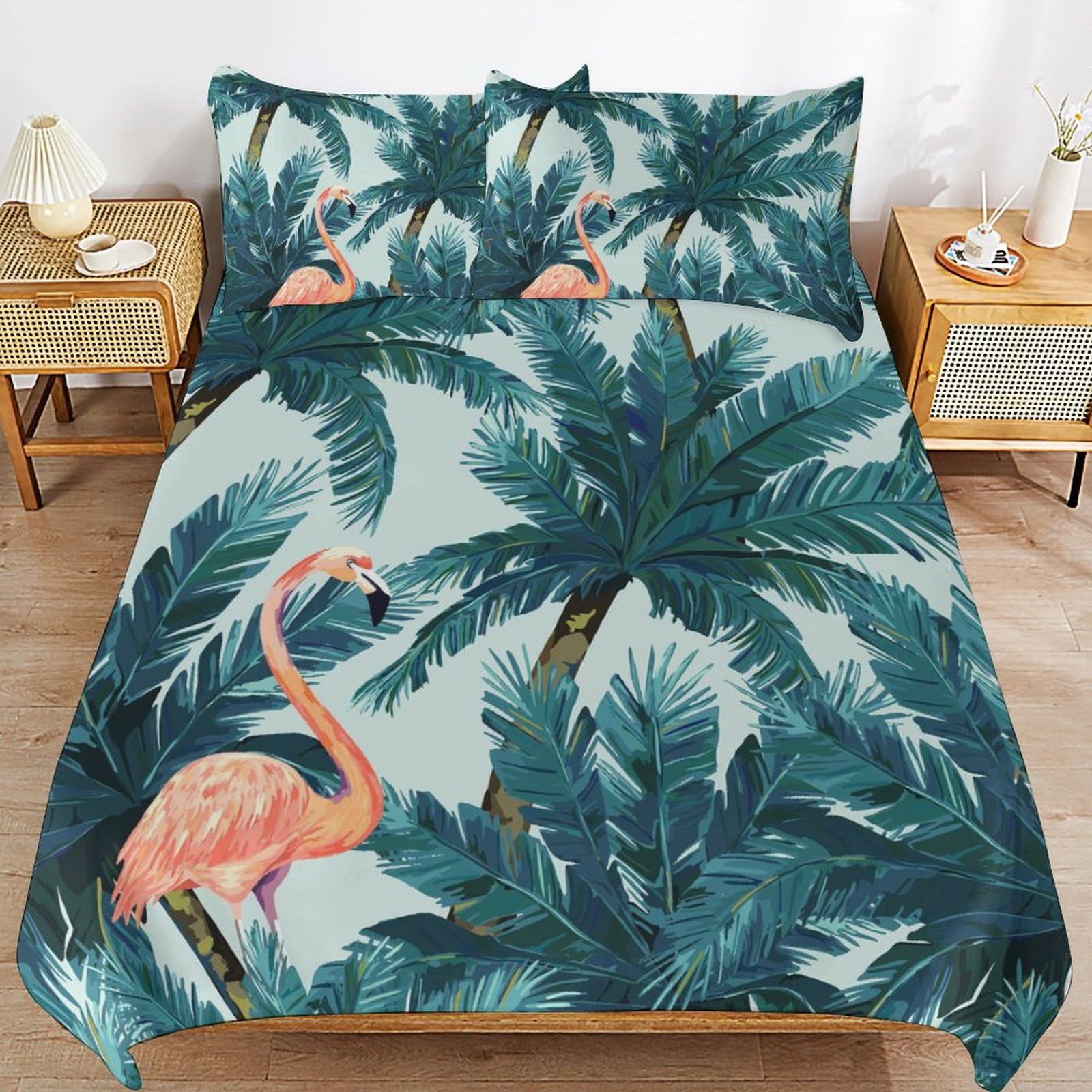 Queen Size Pink Flamingo Duvet Cover Boys Girls Palm Leaves Bedding Set for Couples Bird Print Comforter Cover Set
