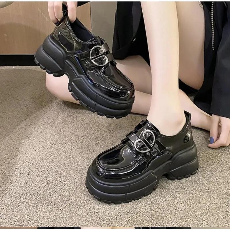 Fashion 2024 Autumn Loafers Women High Platform 7CM Shoes Women's Thick Sole PU Leather British Metal Buckle Simple Mary Jane Shoes