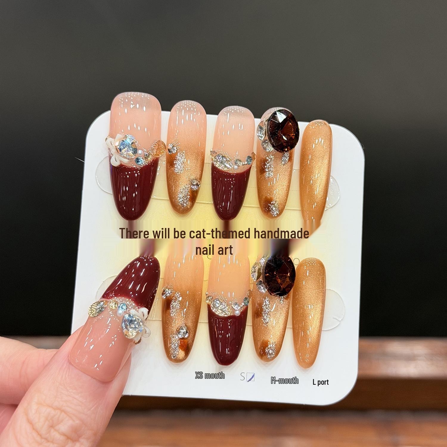Cat Eye Amber Leopard French Handmade Sparkle Nails Small - Long Oval