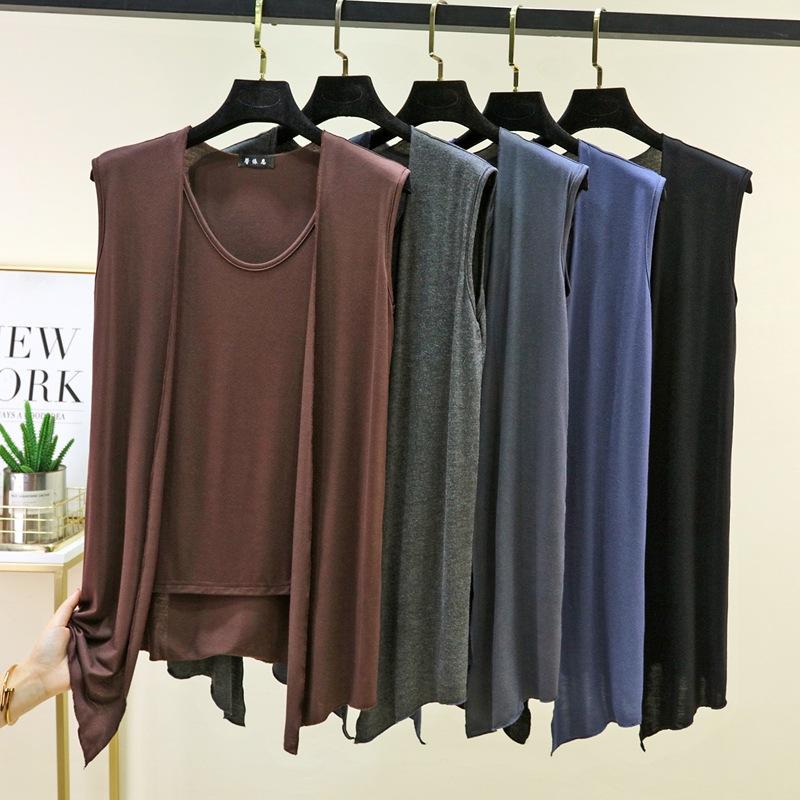 M to 6XL Plu size Women's Faux 2 Piece Tank Top with Cardigan Layered Look Open Front Sleeveless Vest Summer Modal Slim Fit Streetwear Camisole