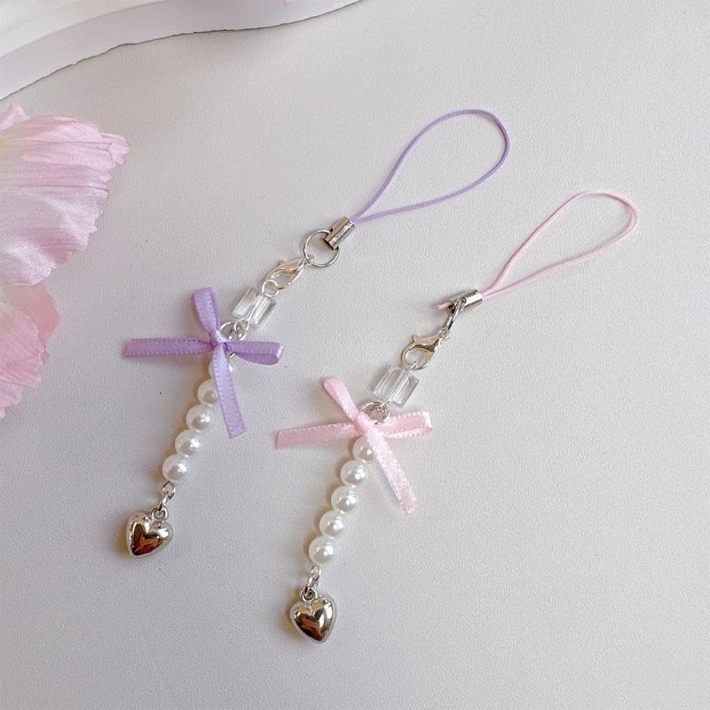 Sweet Phone Chain Strap Lanyard Bowknot Heart Bead Pendant Phone Charm Hanging Decoration Cute Phone Accessories