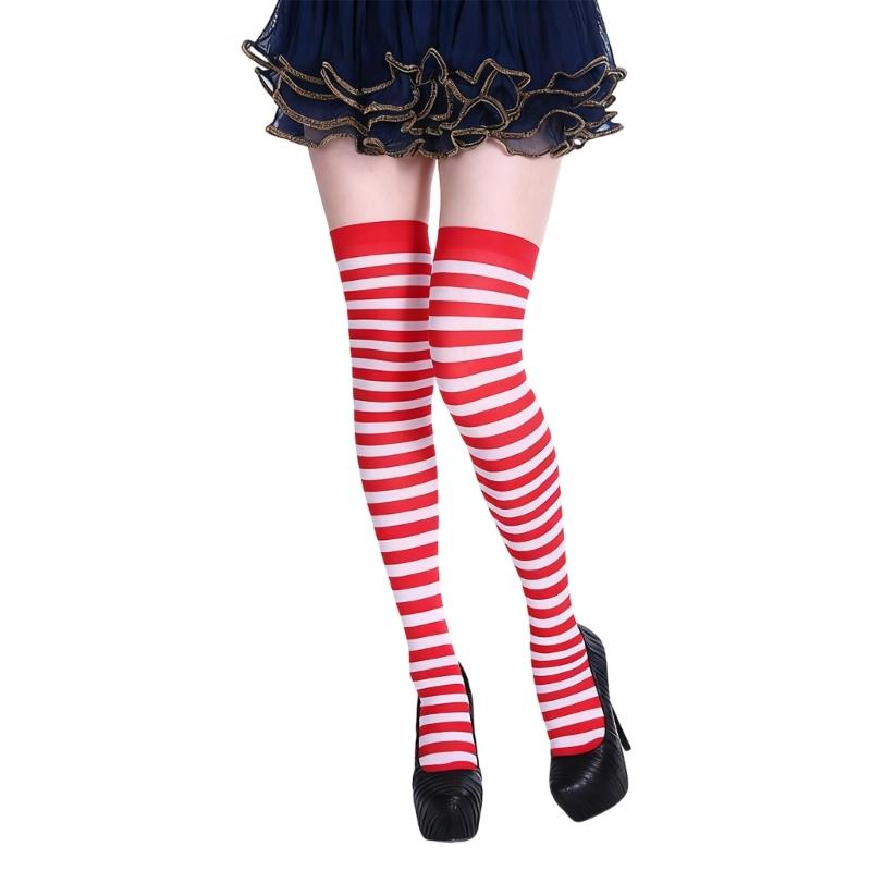 Christmas Thigh High Socks for Women Carnivals Stripe Print Elastic Long Over Knee Stockings for Cosplay Party Costume