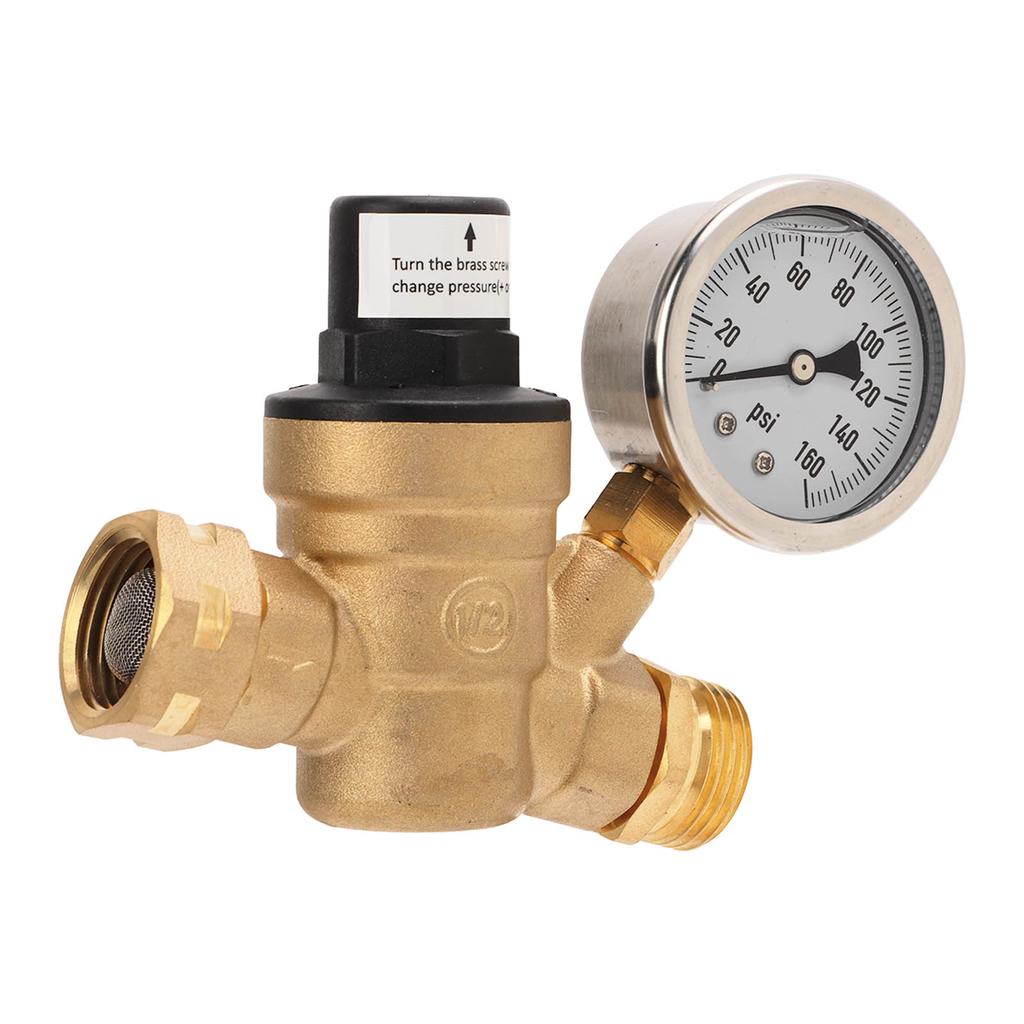 RV Water Pressure Regulator Valve Adjustable Water Pressure Reducer with Gauge for Camper Trailer RV Plumbing System