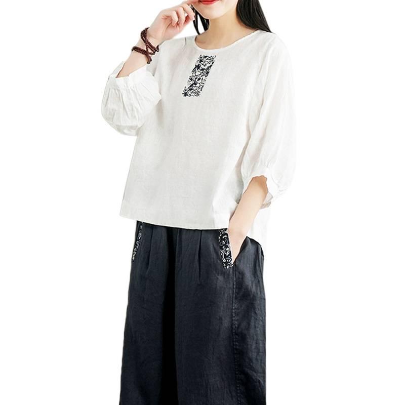 Korean Style Embroidered Cotton Linen Round Neck Mid-Sleeve Plus Size Women's T-Shirt