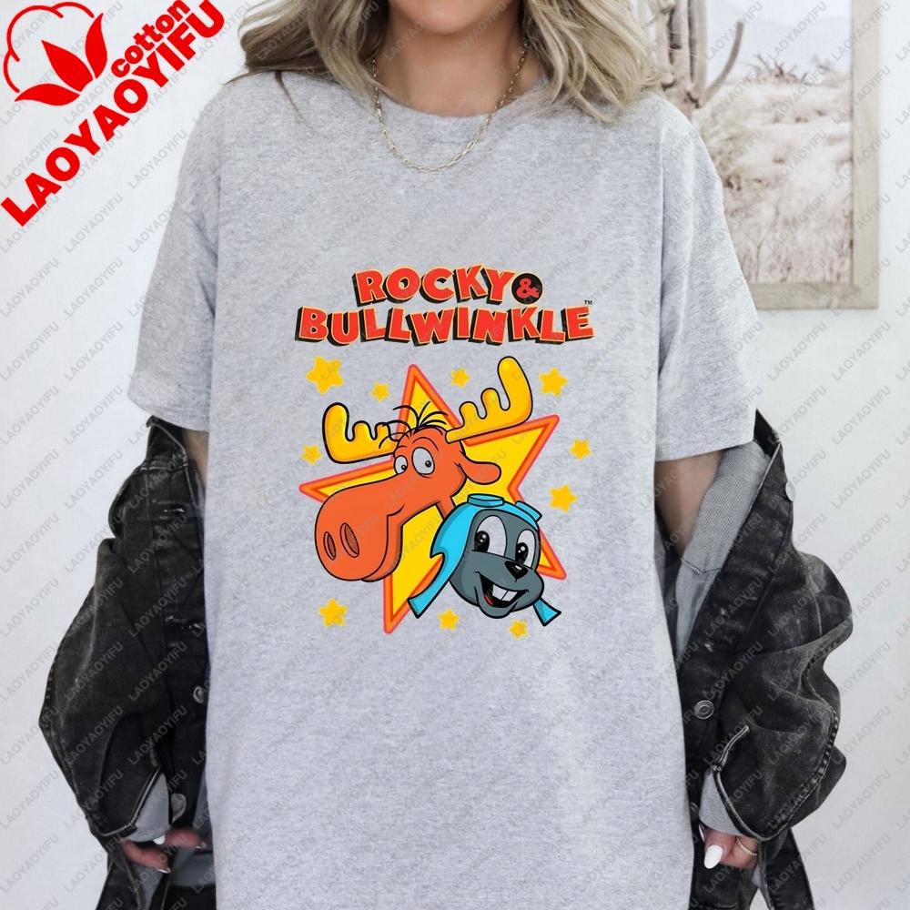 Unique Rocky and Bullwinkle Unisex Fun Crazy Neutral Classic Cotton Short-Sleeved T-Shirt for Both Unisex and WoUnisex