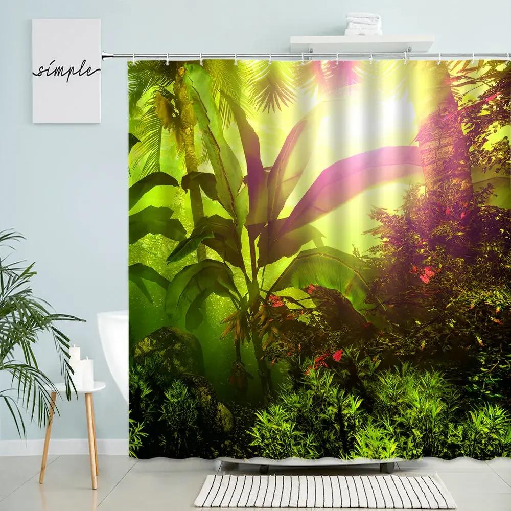 Tropical Jungle Scenery Shower Curtain Waterfall Forest Palm Leaf Green Plant Natural Landscape Home Bathroom Waterproof Screen Polyester Perfect For