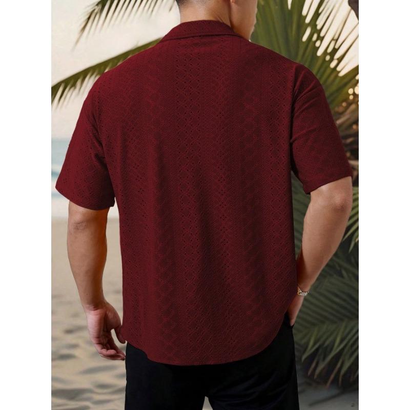 Spring Popular Men's Hollow Jacquard Short Sleeve Shirt Versatile Casual Breathable Comfortable Top
