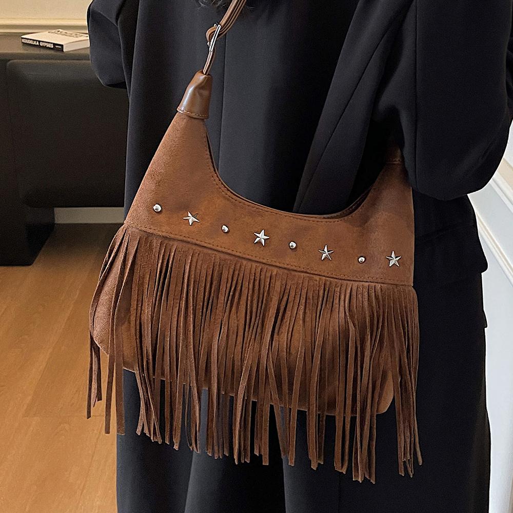 Retro Frosted Suede Tassel One Shoulder Bag Women Autumn Winter Vintage Rivet Zipper Large Capacity All-Match Crossbody Bags