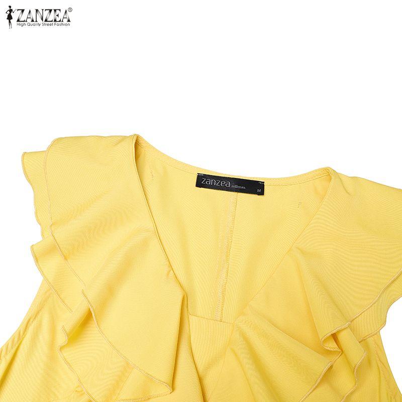 ZANZEA Women Casual V-Neck Sleeveless Ruffles Long Dress Holiday