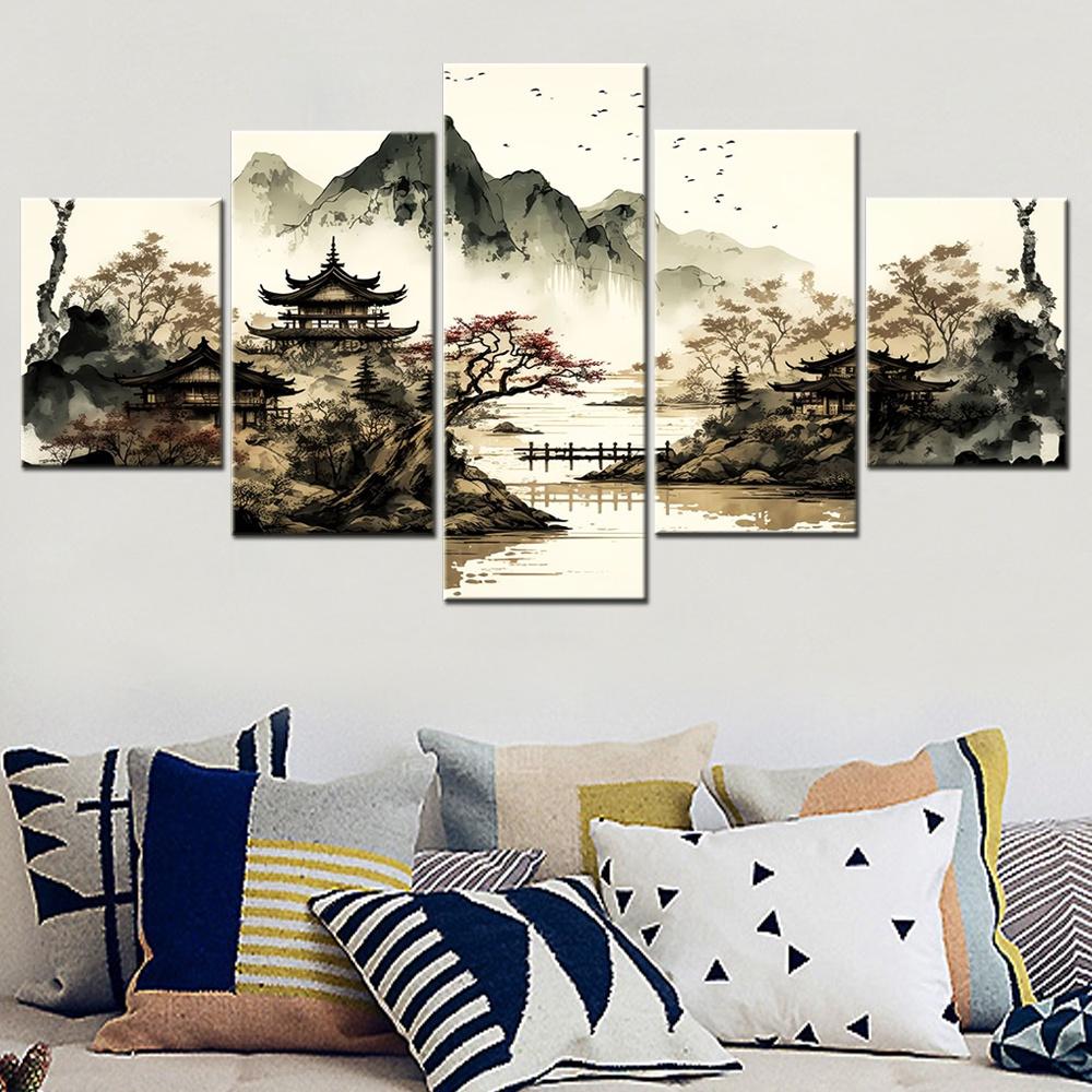 5 Pieces Nuture Canvas Picture Print Vintage Japan Landscape Home Decoration Poster Painting For Living Room Wall Artwork Mural