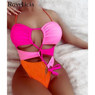 Sexy Splicing Monokini Cut Out Lace Up One Piece Swimsuit Women Swimwear Female High Leg Cut Bather Bathing Suit Swim Lady