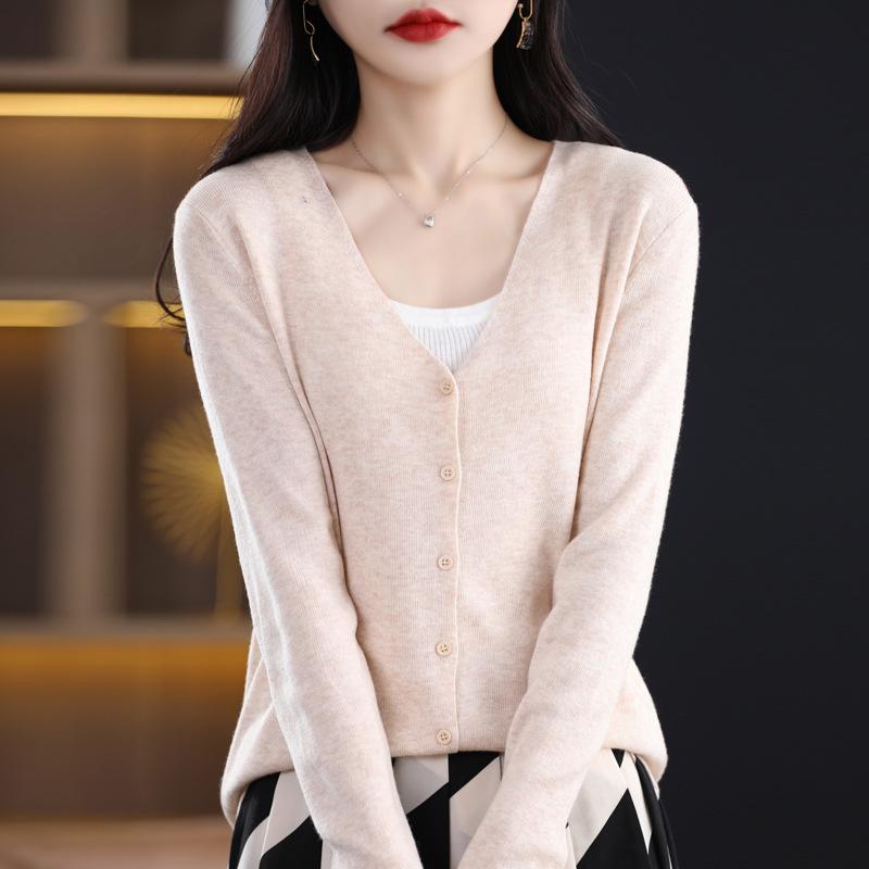 Women's 100% Pure Wool V-Neck Cardigan - Solid Color, Button-Up, Loose Fit Knitwear