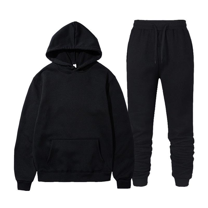 Herren einfarbiger Fleece-Pullover-Hoodie & Sweatpants-Set