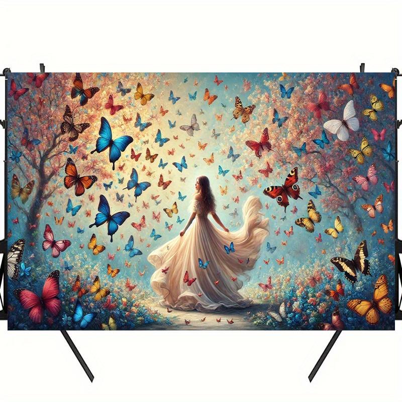 2D Plane, One Ethereal Butterfly Girl, Solemn Garden Scene, Vibrant Butterflies and Flowers Adorning It